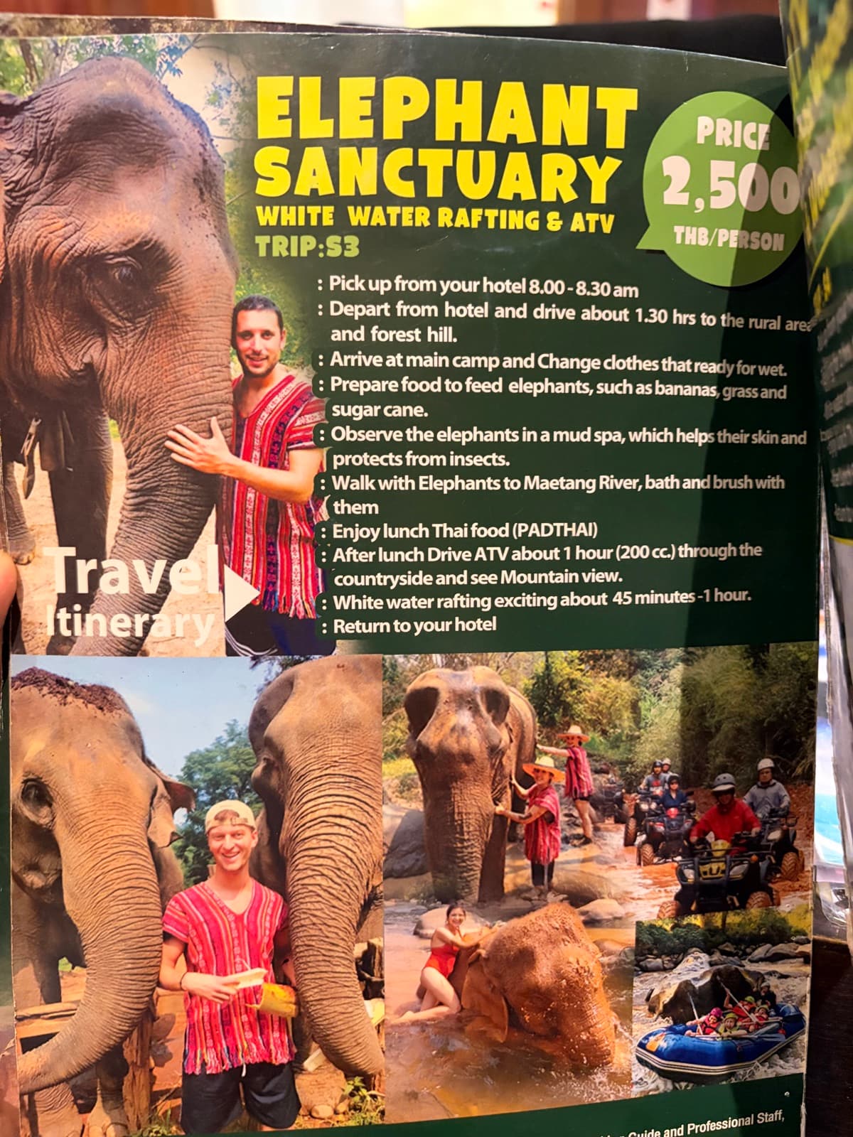 Elephant sanctuary, rafting, and ATV brochure page