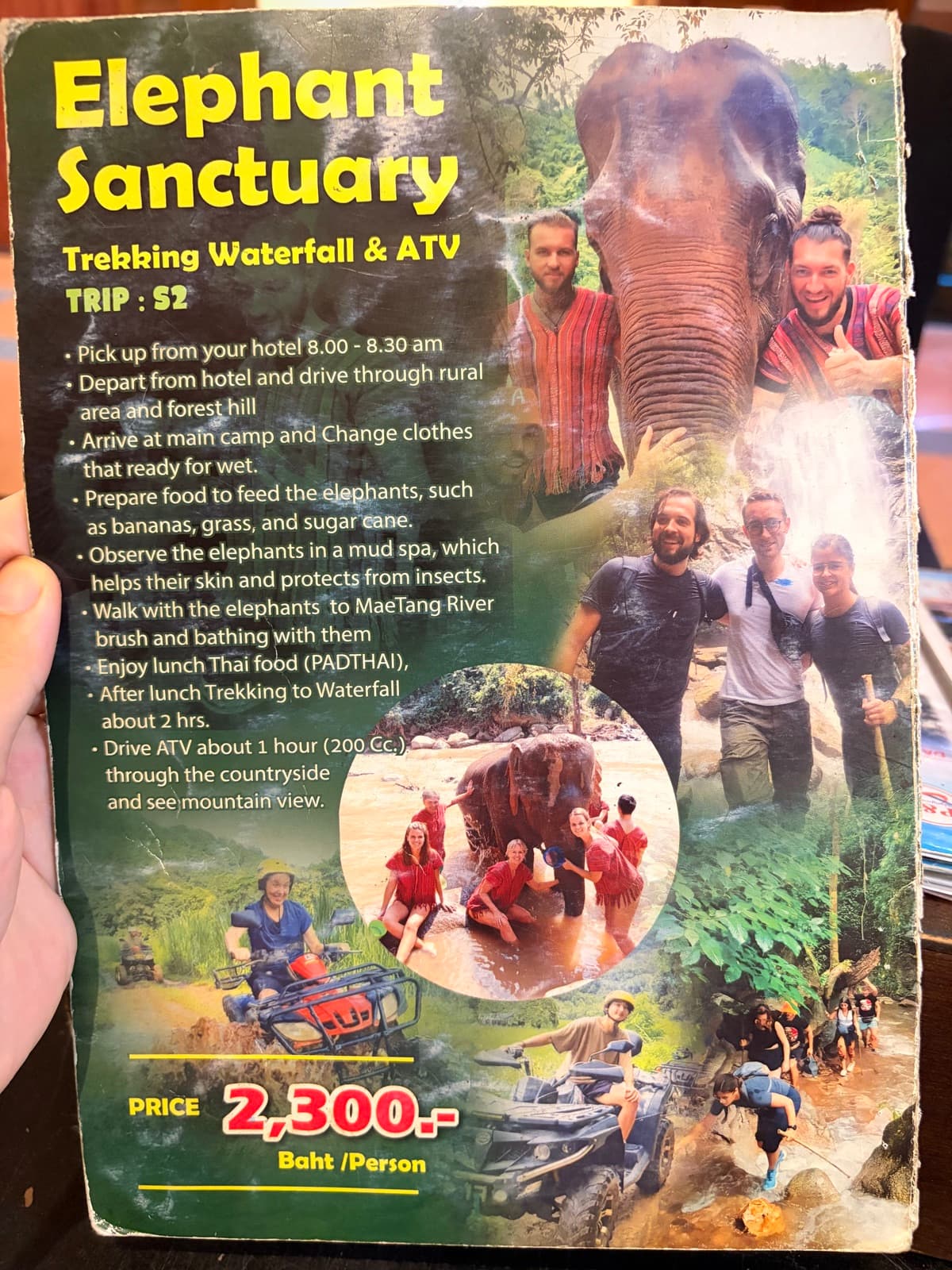 Brochure page showing trekking, waterfall, elephant sanctuary, and ATV
